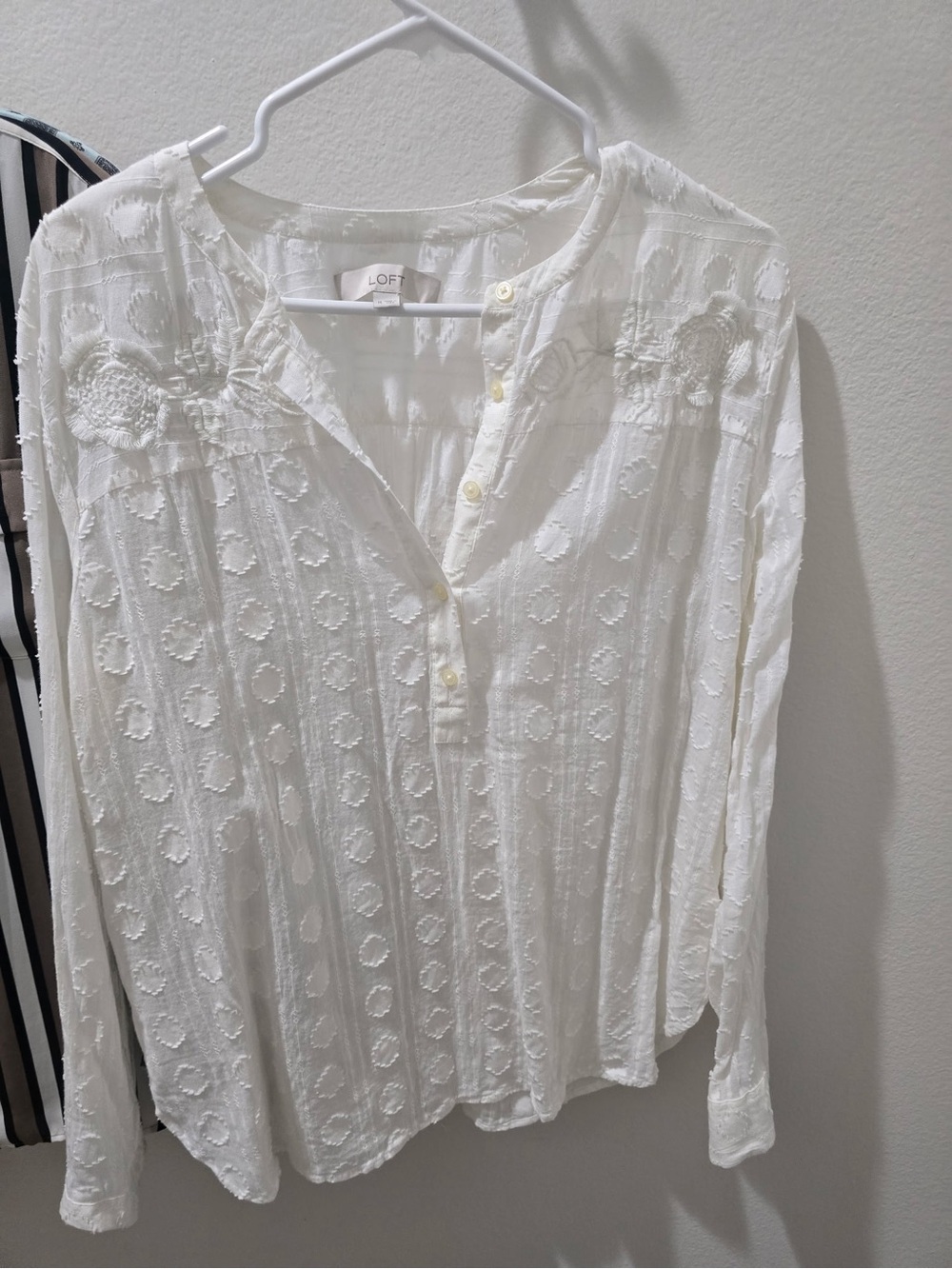 LOFT White Textured Button-Front Blouse with Embroidered Yoke